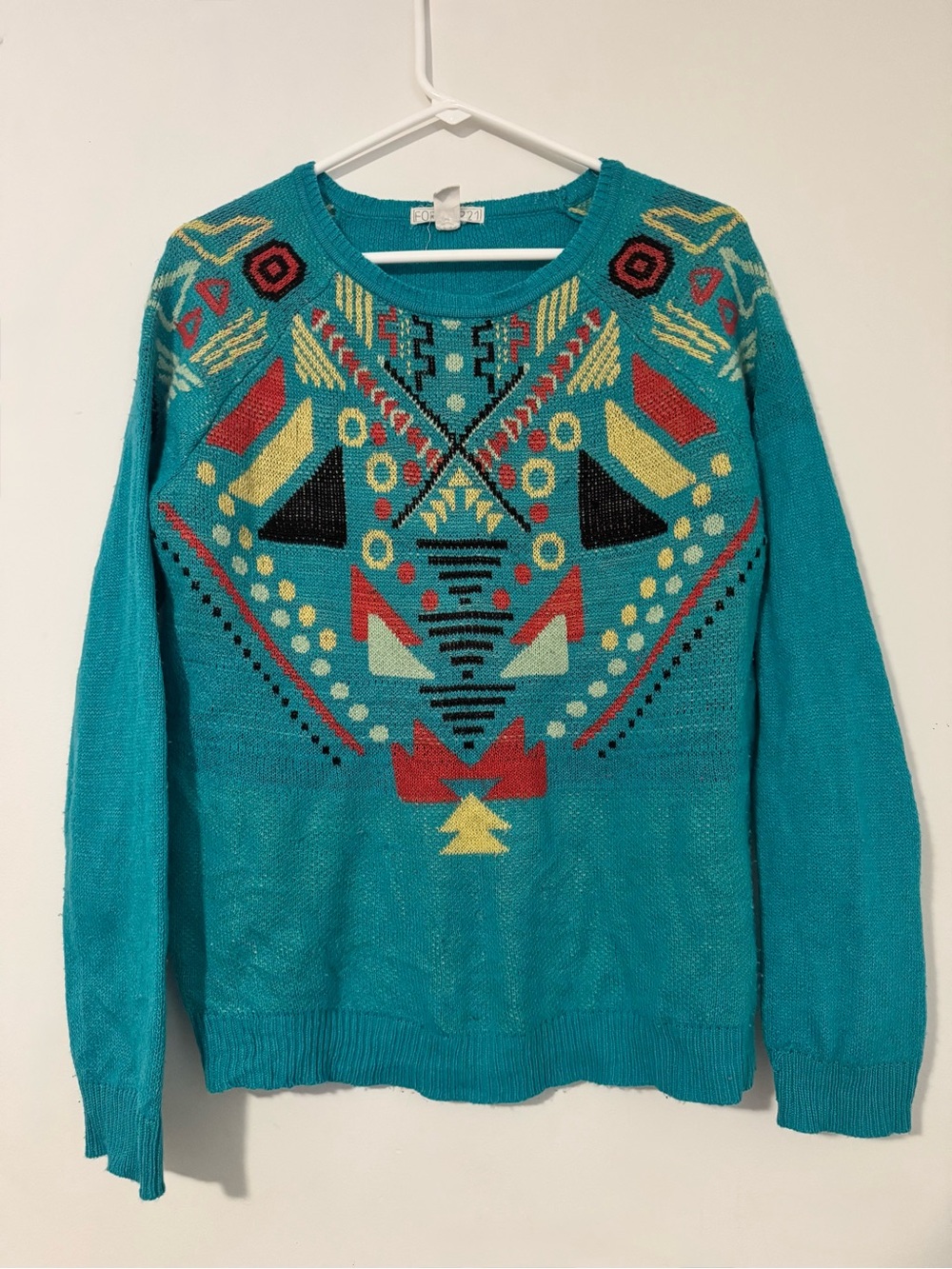 Forever 21 Blue Colorful Aztec/Geometric Print Sweater